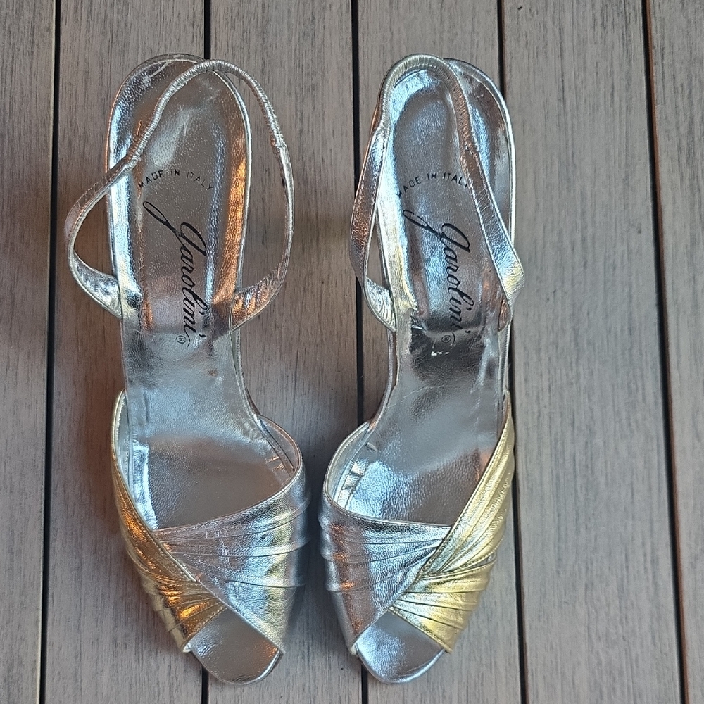 Silver and Gold Women's Strappy Slingback Heels, Size 8N
